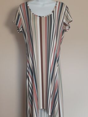 Magazine Vertical Stripe Midi Dress in Cream, Rust, Blue & Gray - Sz Large